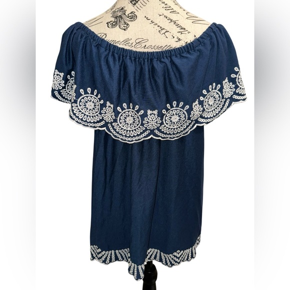 Fever Navy Blue Off-Shoulder Blouse with White Embroidery - Picture 2 of 6